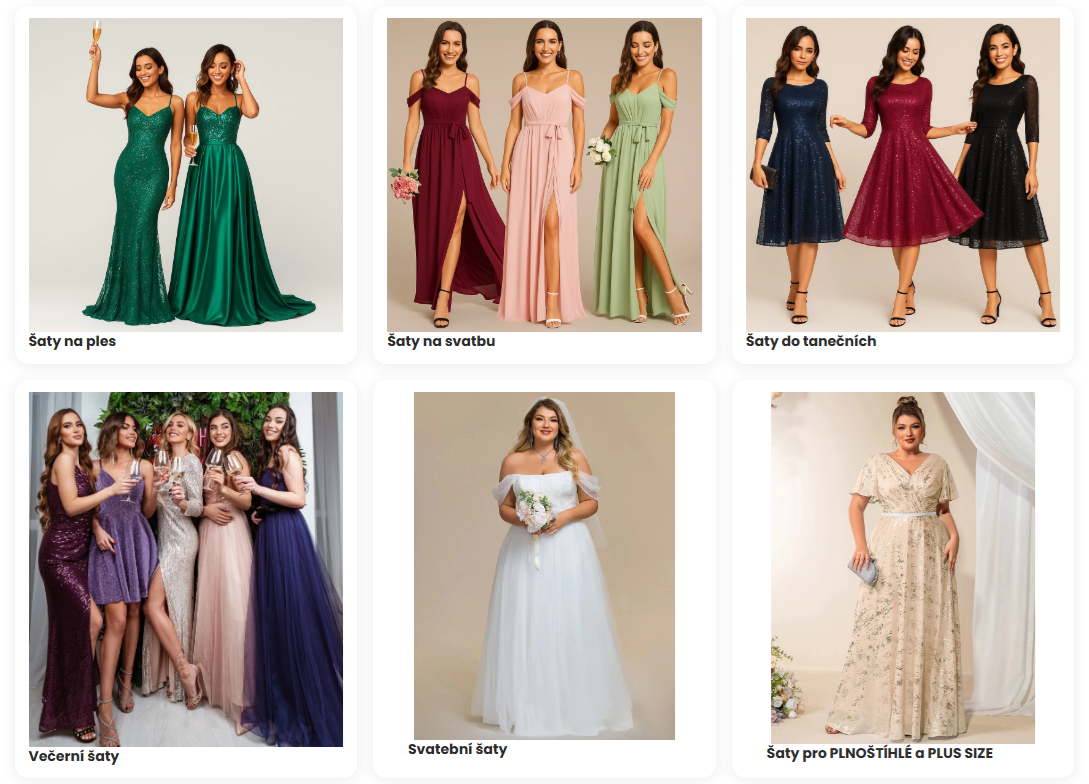 Společenské a plesové šaty Modion.cz na svatbu, ples, večírek, divadlo, koncert, opera, premiéra